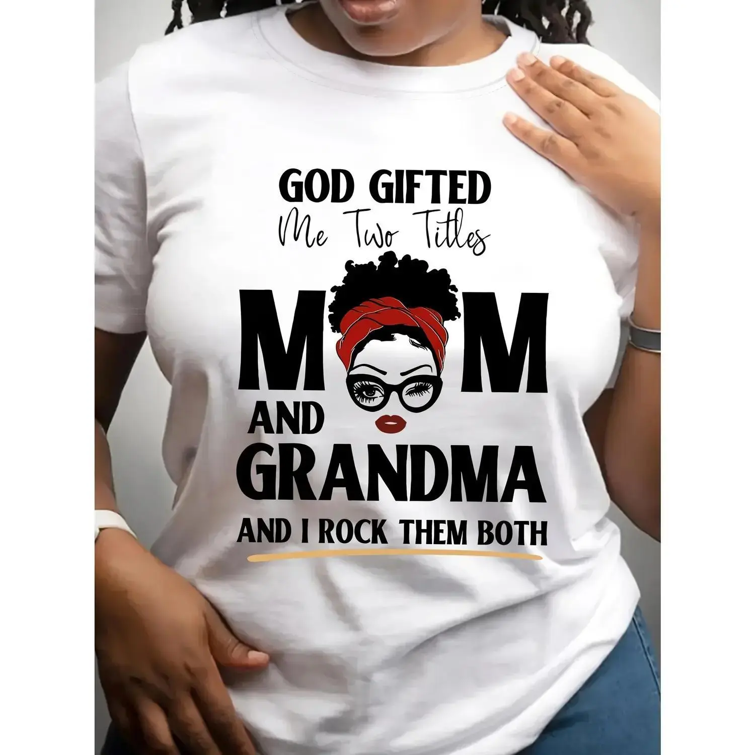 Women'S Casual Crew Neck T-Shirt with "God Gifted Me Two Titles Mom and Grandma" Letter Print, 100% Polyester Knit Fabric, Short Sleeve Top for All Seasons - 180gsm