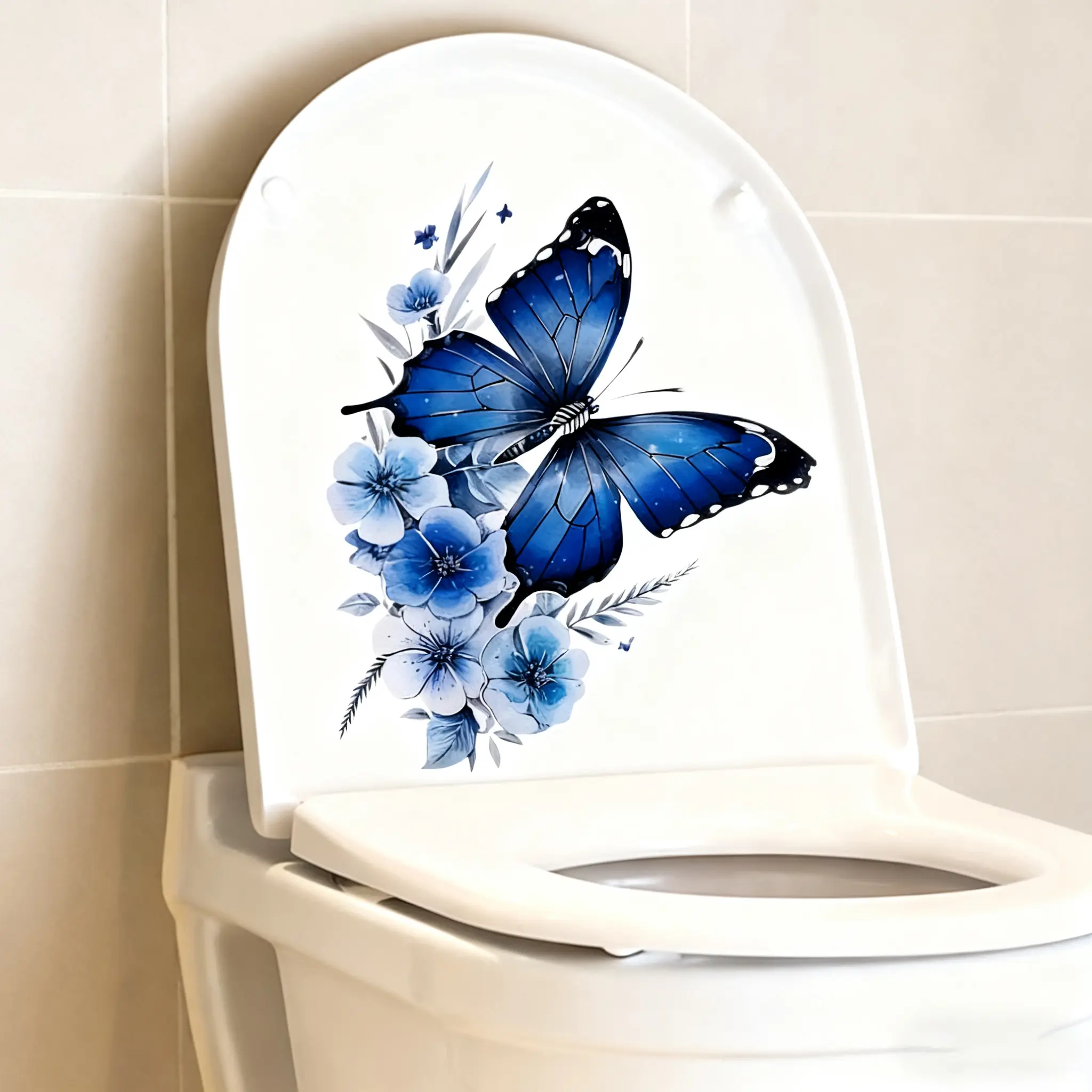 1 piece of blue butterfly flower toilet sticker, butterfly art toilet lid decal, removable vinyl peel and stick wall sticker for bathroom, toilet, bathtub door, home decoration. Christmas holiday party. Atmosphere decoration. Bathroom Decoration Supplies
