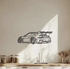 Porsche Metal Wall Art - 15.75" x 6.32" Modern Iron Home Decor Sign, Dynamic Racing Car Outline Sculpture, Car Decor