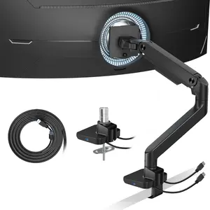 ARES WING  Single/Dual Monitor Mount with USB A/C, Ultrawide Monitor Arm for 17 to 49 inch Heavy Duty Screen, Holds 44 lbs, Adjustable Gas Spring Arm Desk Mount with Clamp and Grommet Base