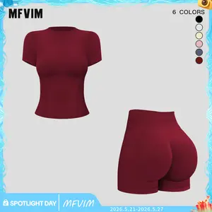 MFVIM Women's Solid Color Round Neck Sports T-Shirt & High Waist Shorts Tracksuit Set Long Sleeve Tight Fitting Top & Skinny Shorts Summer Outfit 2025 Ladies Sportswear for Indoor and Outdoor Wear, 2 Piece Sets, Workout Sets For Women