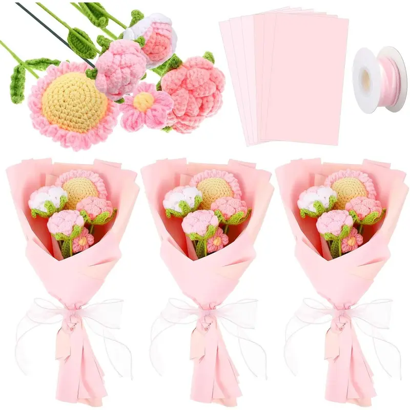 27 count Crochet Flower Bouquet , Hand Knitted Flower Bouquet Crochet Roses Sunflowers Daisies for Mom Grandma Nana Teacher Friend Women Birthday,  School (Gorgeous,Pink Series)