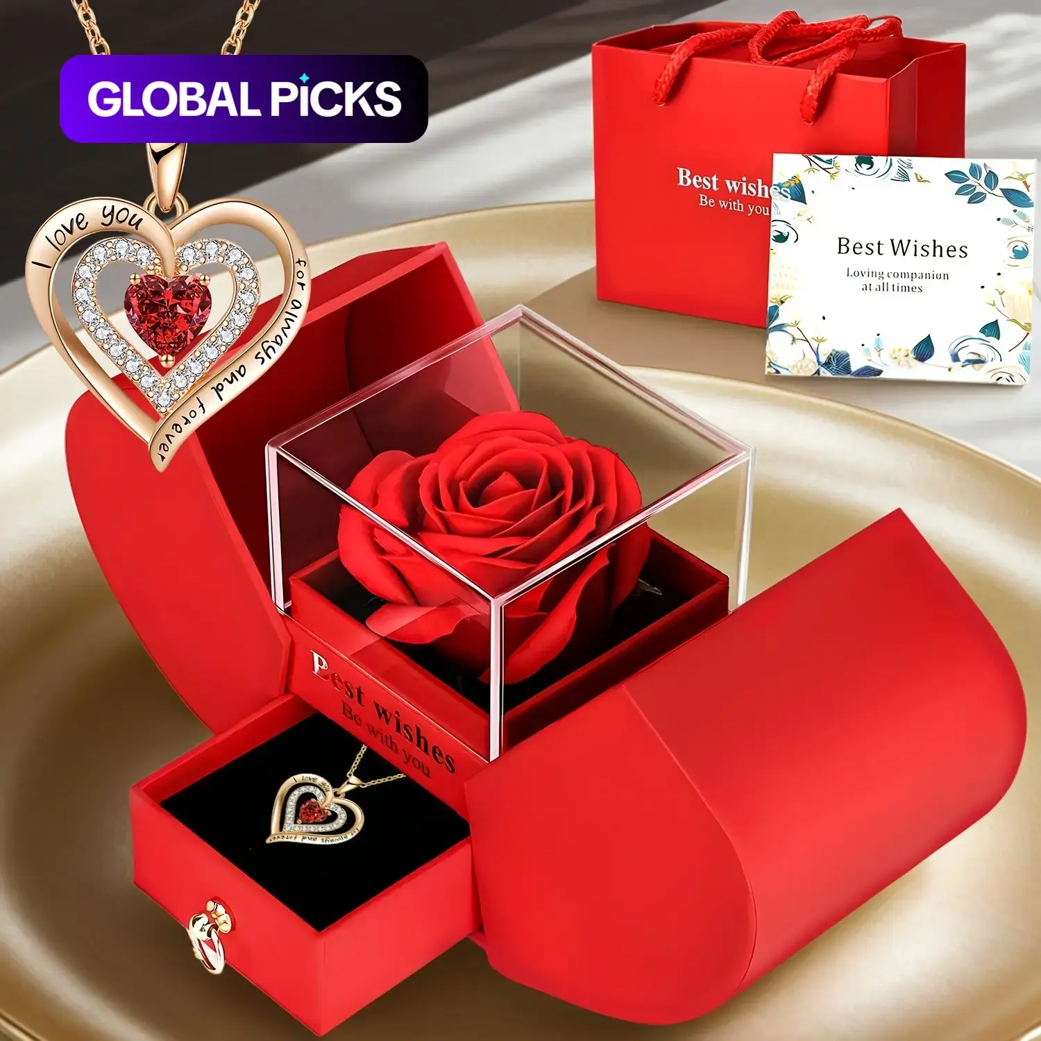 Romantic Rose Unique Gift Box Set with 'I Love You' Heart-Shaped Necklace, Exquisite Quality Jewelry Gift for Mom, Wife or Girlfriend, Birthday & Anniversary Present #GLOBAL PICKS
