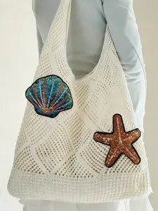Exquisite grid crocheted sequin Lightweight Tote Bag, solid color fashionable high-quality atmosphere single shoulder bag, large capacity to accommodate personal belongings, decorated with shell and starfish patterns