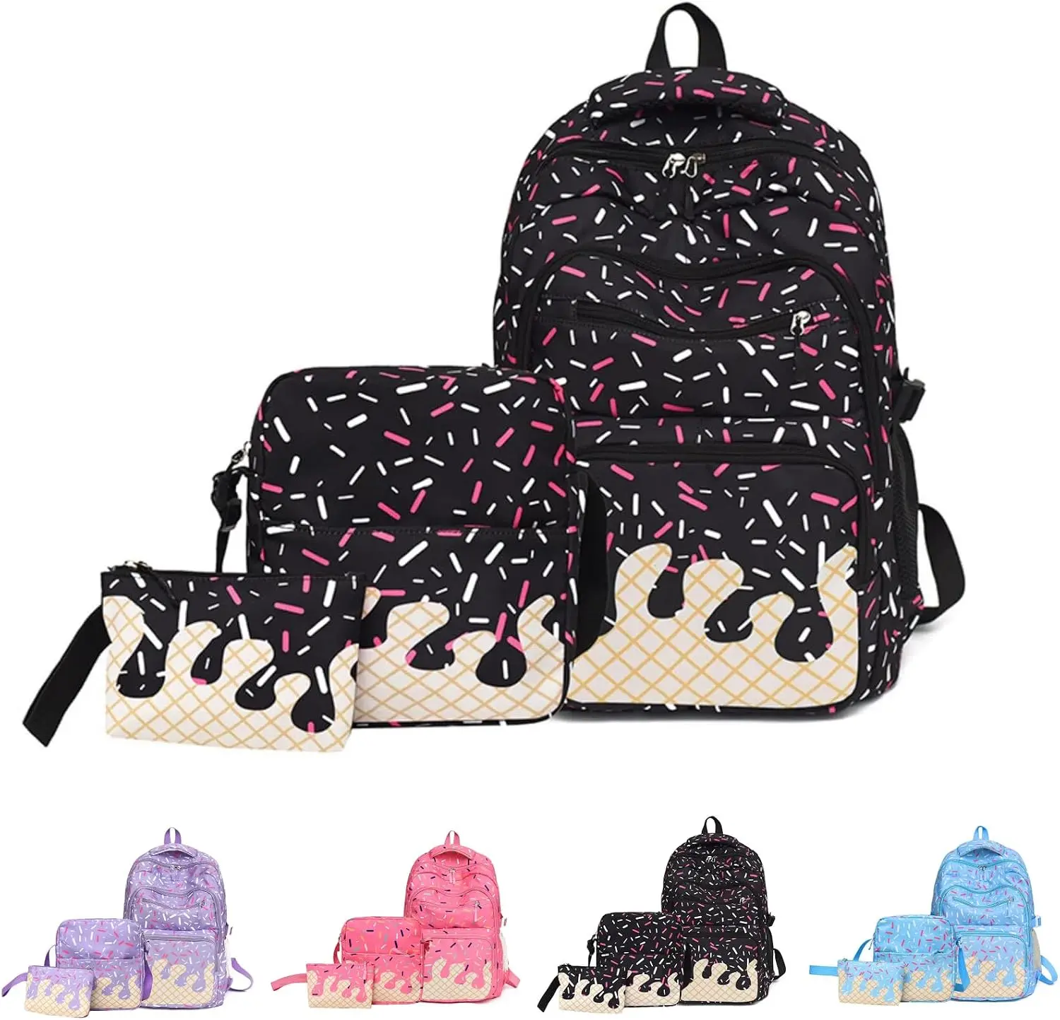 Cute design 3-piece school backpack set with an ice cream sprinkle drop print, including a crossbody bag and pencil case; lightweight and large-capacity kawaii backpack suitable for teenage girls, middle school students, and high school students—ideal for