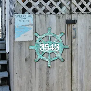 Designocracy MA98536-12 12 in. Captain Wheel Coastal Decorative Wall House Number Sign, Beachy Home Signs, Artwork Gift for Home Decor
