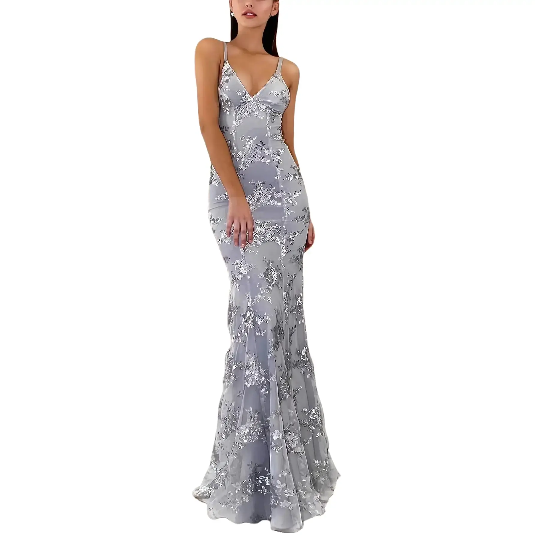 Women's Sequin Floral Bodycon Mermaid Gown - Spaghetti Straps, Backless, X-Line, Extra Long Below-The-Ankle Train, Polyester-Woven Fabric, Sleeveless, Elastane, Spandex, for Prom, Formal Weddings, Print