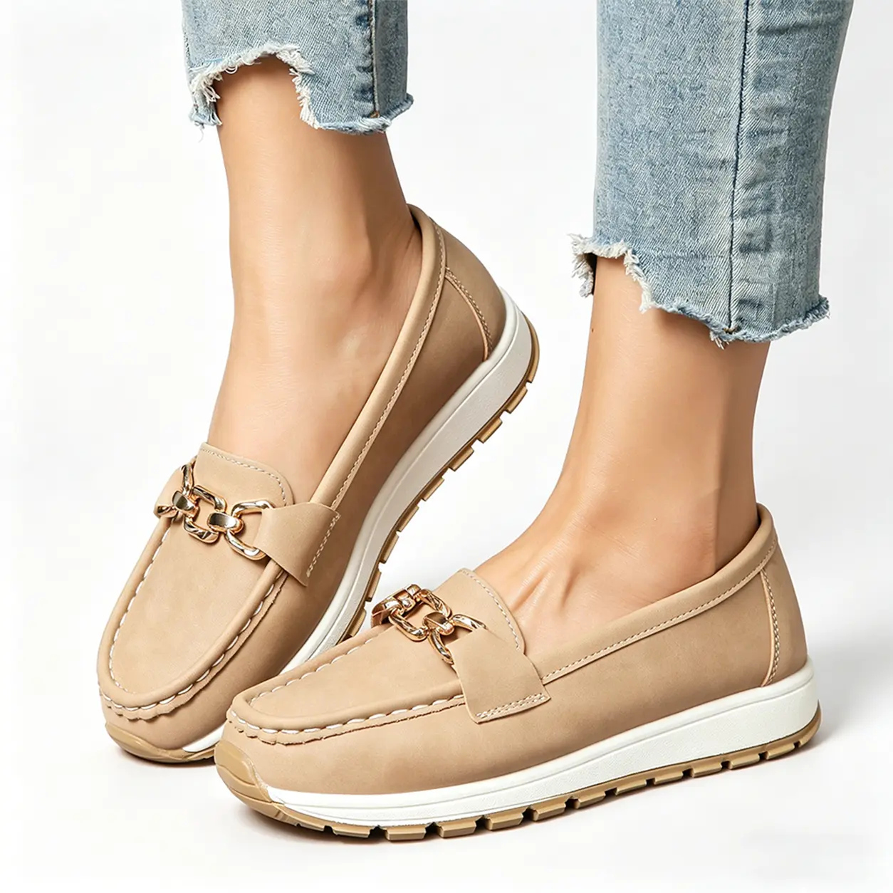 Women’s Leather Loafers - Slip-On Round Toe Minimalist Flats with Gold Chain, Chunky-Soled Wedge Heels, Comfortable for Daily Wear & Commuting, Solid Shade