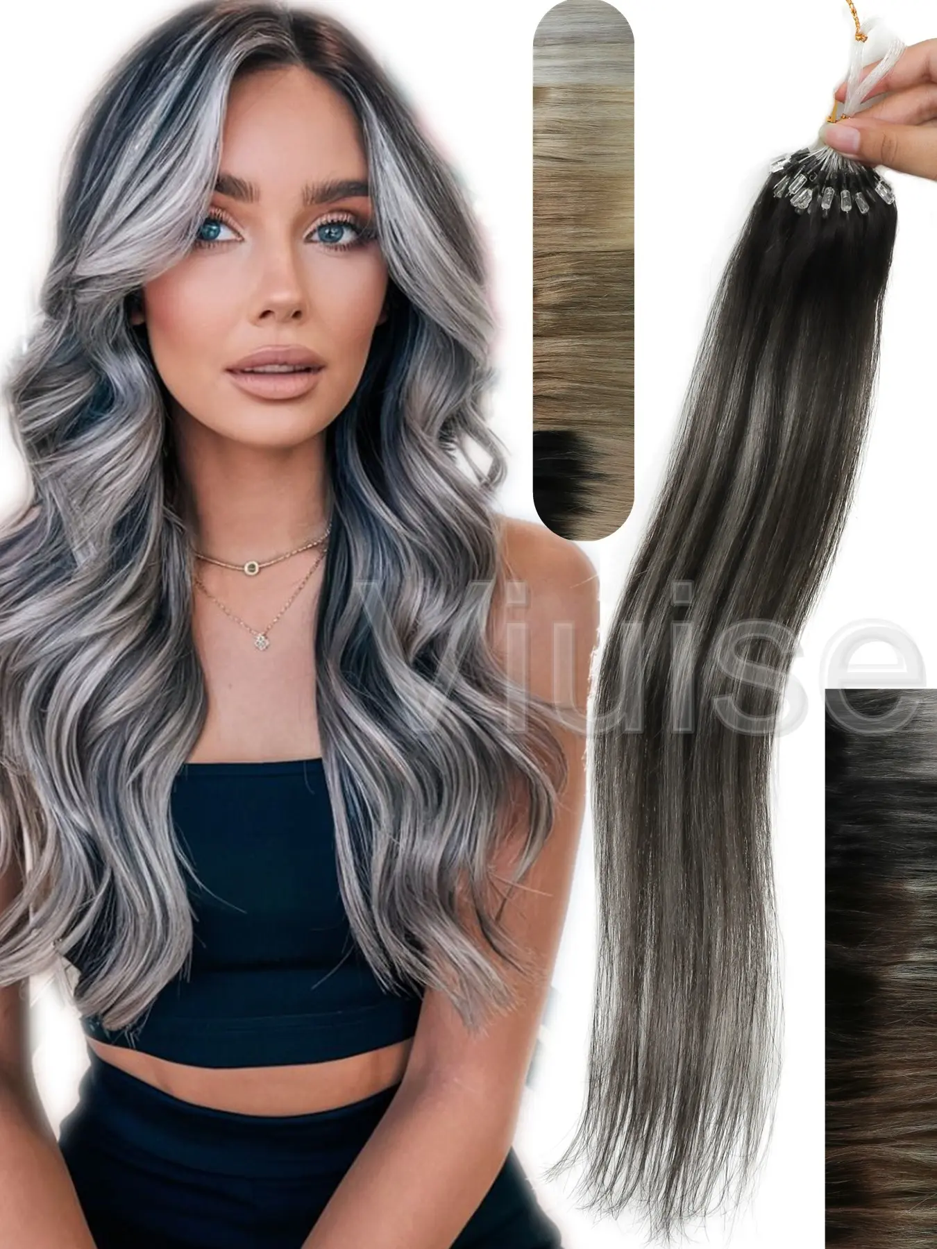 30g Thin Hair Ends Ombre Highlight Micro Loop Human Hair Highlights Extensions, Fishline Real Hair, Straight Natural Hair, Micro Beads, 50 Strands Pack, Highlight Hair Bundles, Microbead Extensions