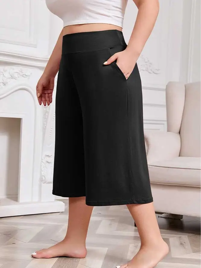 Women’s Plus Size (3X-5X) High-Rise Knitting Capri Pajama Pants, Wide-Leg Stretchy Breathable Lightweight Lounge Sleep Pants with Pockets