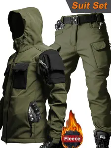 Men's Multi-Pocket Design Winter Sporty Outdoor Set, Athletic Tracksuit Set, Relaxed Fit Softshell Jacket & Pants, Windproof Waterproof & Warm, Thick Woven Fabric, Athletic Activewear, Sports Activewear Set, Tracksuit Matching Set, Workout Tracksuit