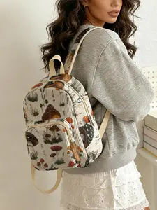 Mushroom Pattern Women's Backpack, Corduroy Texture, Layered Storage, Lightweight, Casual Style, All Seasons, Ideal for School and Travel