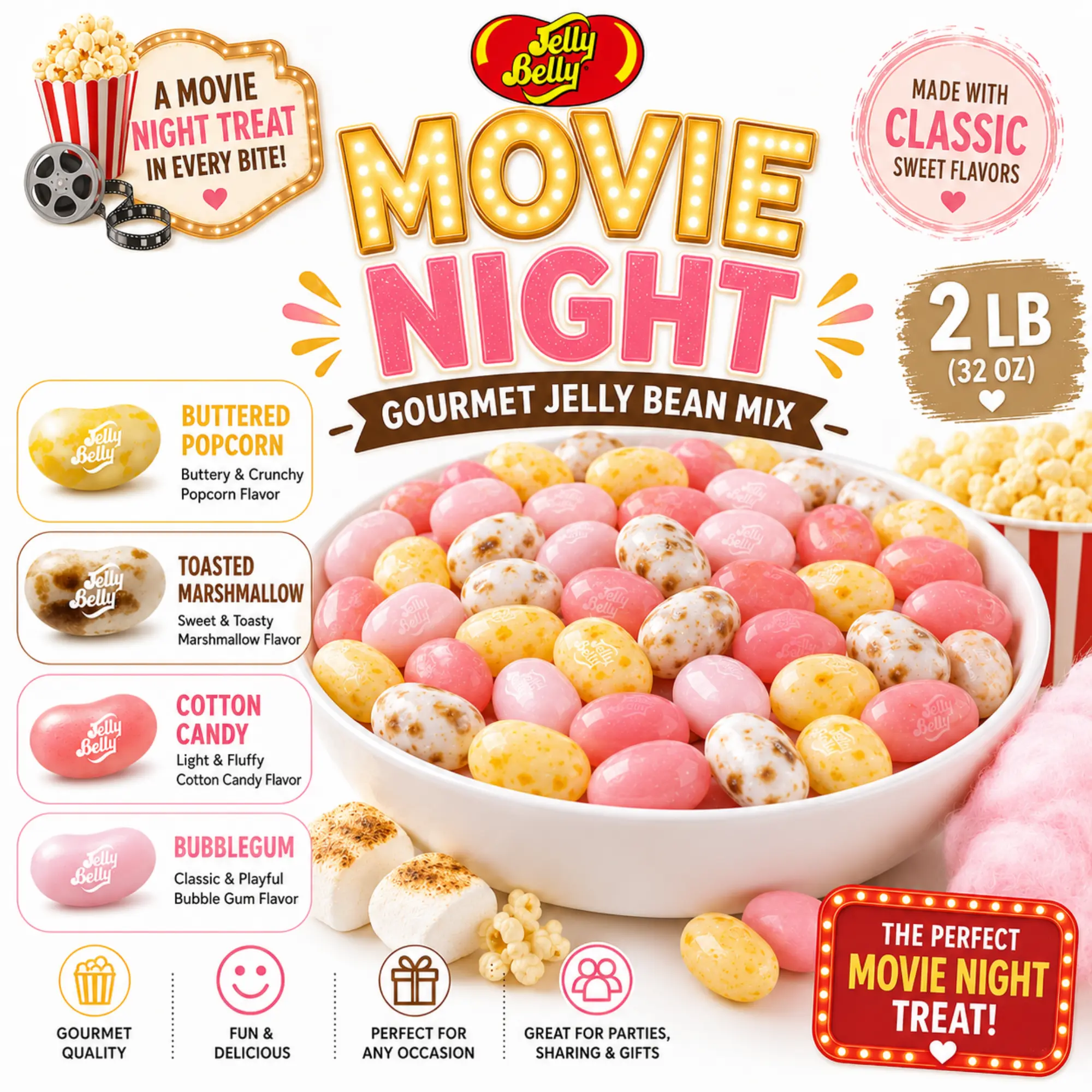 Jelly Belly Movie Night Mix Jelly Beans - Snack with Buttered Popcorn, Toasted Marshmallow, Cotton Candy, Bubblegum Flavors - Family Party Candy Buffet Bulk Bag, Premium Soft Chewy Assortment, 2lb