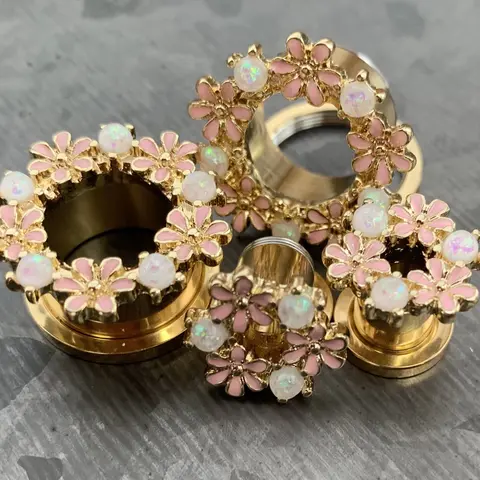 PAIR of Stunning Opal Glitter & Enamel Flowers Gold Screw Fit Tunnels/Plugs - Gauges 2g (6mm) thru 5/8" (16mm)