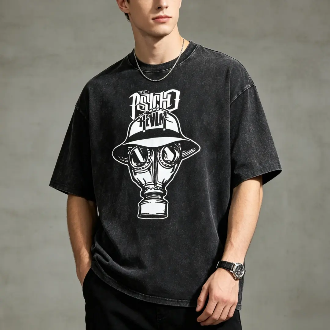 Men's 100% Heavyweight Cotton T-Shirt, Oversized Vintage Washed Short-Sleeve Round Neck, "The Psycho Realm" Gas Mask Graphic Print, Dark Gothic Summer Casual Top