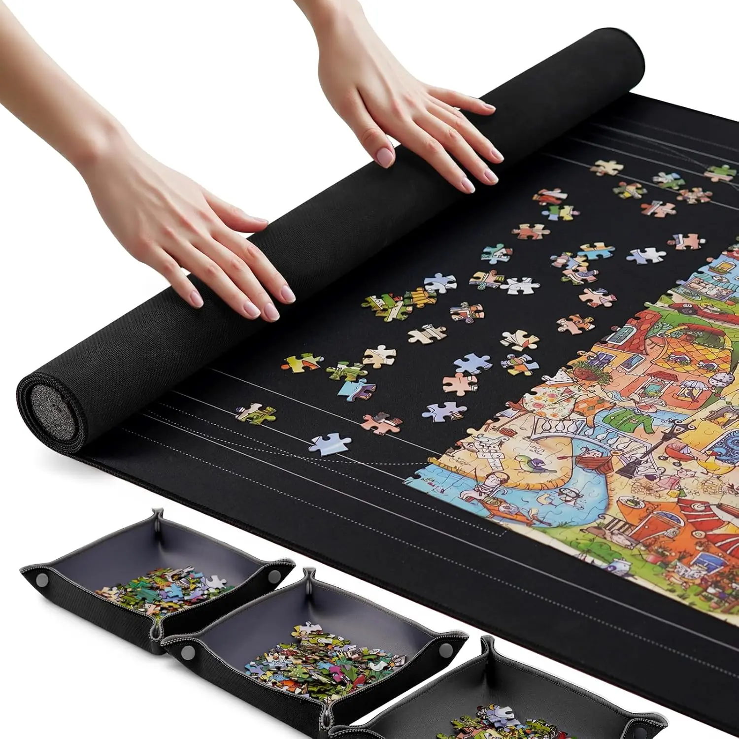 Puzzle Roll Up Mat with Travel-Friendly Storage Bag, 46” x 26” Non-Slip Rubber Bottom Smooth Top, Large Capacity Drawstring Bag, 4 Sorting Trays, Holds Up to 1500 Pieces