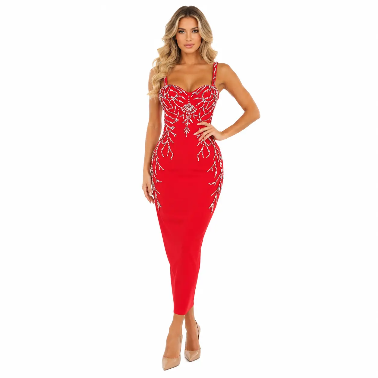 Women's Formal Elegant Red Compression Bandage Bodycon Midi Dress - Sweetheart Neckline, Silver Crystal Vine, Sleeveless, Hourglass Party Fit for Birthday, Going Out, Birthday Glow Up, Outfit of the Night, Dress Up, Curvy Confidence