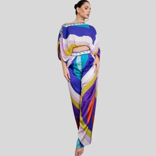 Clarette Cropped Blouse And Wide Pants Set-Purple Combo Fashion Floral Formal Women Evening Womenswear  Casual Matching Statement Leg Pants Overalls Chic Clothes