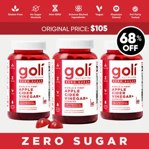 3 Bottles of Goli Zero Sugar World's First Apple Cider Vinegar Gummies - Vitamin B12, Probiotics to Address Bloating. Vegan, Plant Based, Non-GMO, Gluten-Free & Gelatin-Free