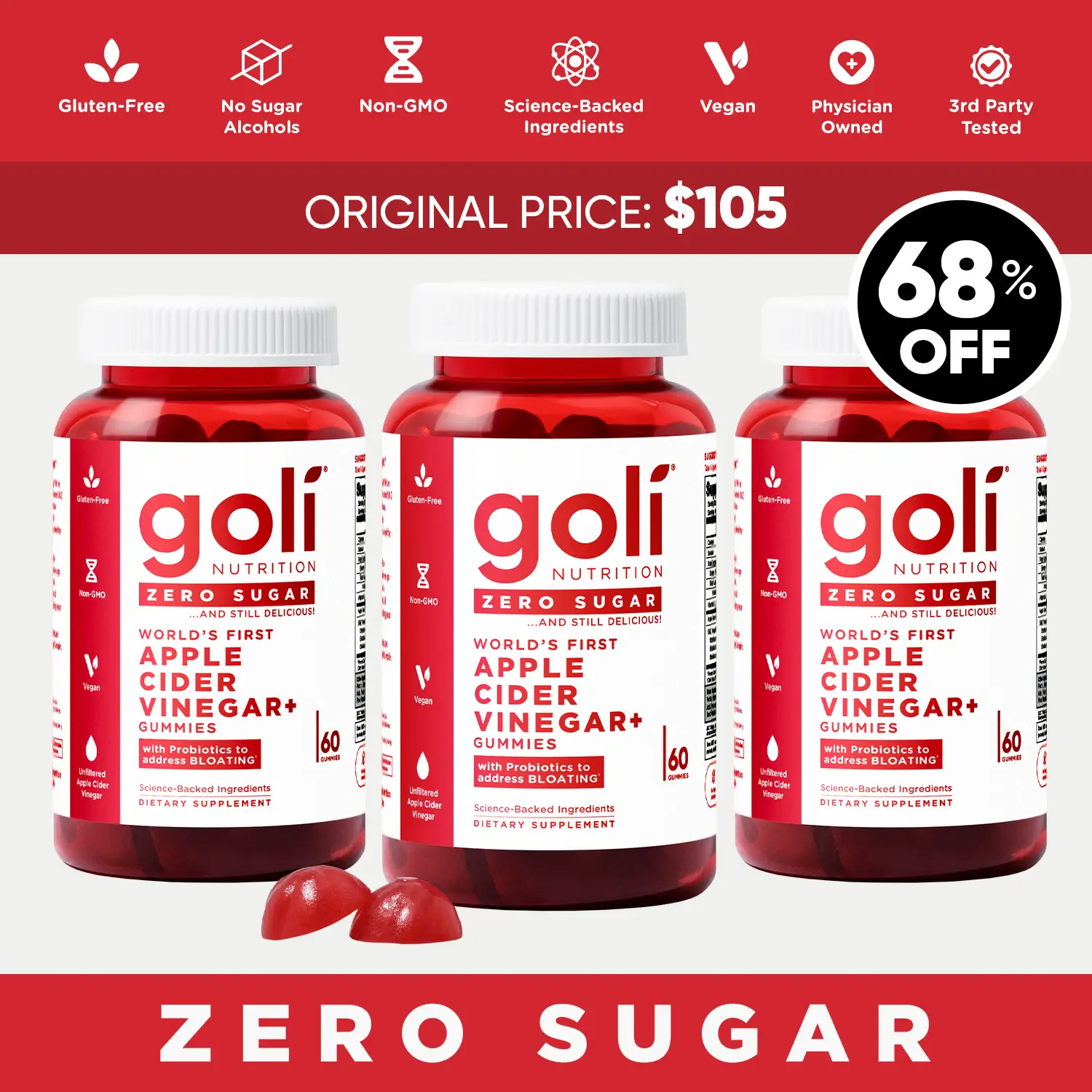 3 Bottles of Goli Zero Sugar World's First Apple Cider Vinegar Gummies - Vitamin B12, Probiotics to Address Bloating. Vegan, Plant Based, Non-GMO, Glu