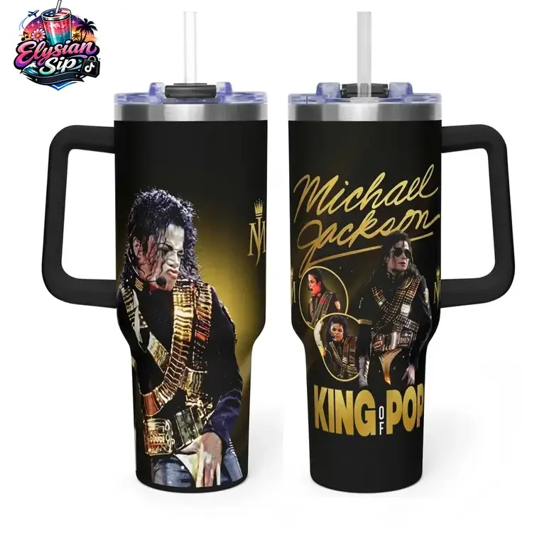 Michael Jackson King of Pop Inspired 40oz Stainless Steel Insulated Flask, Double-Wall Leakproof UV-Print Travel Coffee Cup with Handle, Iconic Singer Themed Gift Ideas for Music Fans