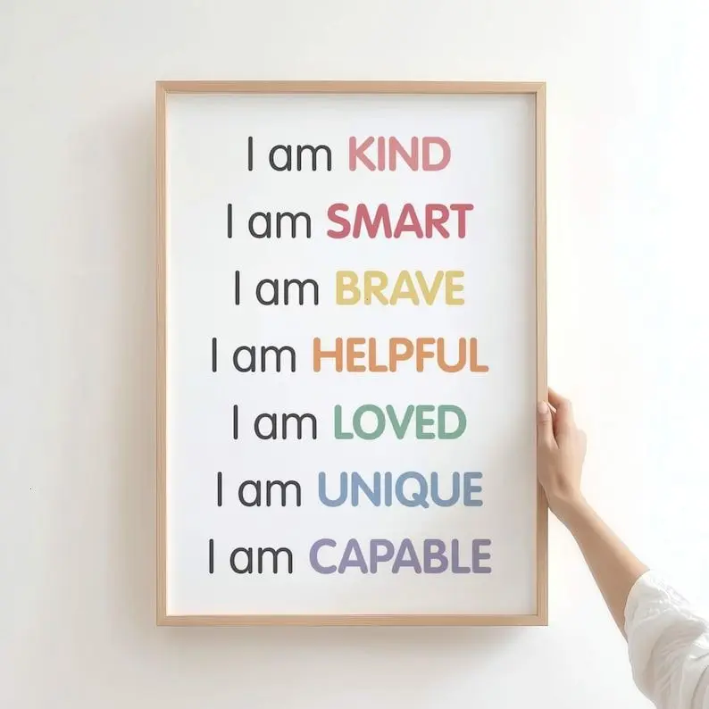 Kids' Positive Affirmations Paper Poster - I Am Kind Brave Print, Growth Mindset Bathroom Wall Art, Mountable Classroom Decoration with Wardrobe, Plaid, Polka Dot, Houndstooth Designs