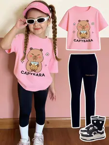 Cute Capybara Two-Piece Set for Girls 4-12y, Soft Round Neck Short Sleeve Top & Tight Pants, Adorable Cartoon Design, Cute Clothing Set