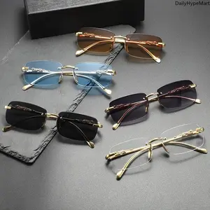 Retro Unisex Frameless Fashion Sunglasses - Rectangle & Square Frames, Stylish Metal Temples, Tinted Lenses Vintage Accessory Set, Square Frames Sunglasses