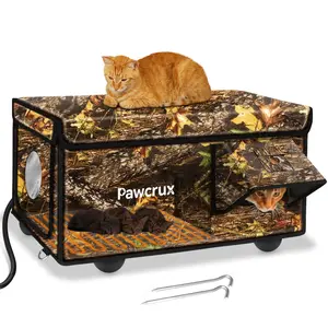 Pawcrux Indestructible Heated Cat House for Outside Cats Winter, 100% Weatherproof, Safe Escape Door, Insulated Outdoor Cat Shelter with Heater for Feral Barn Cat Kitty