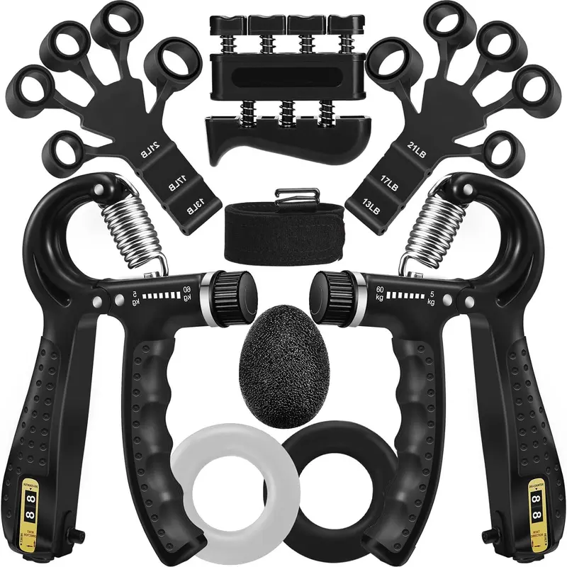 Unisex 5-PCS Adjustable Grip Strength Trainer Kit - Silicone Alloy Accessory with Progress Counter, Hand Gripper, Finger Exerciser, Stress Relief Ball, Forearm Workout Ring for Muscle Building, Hand Recovery