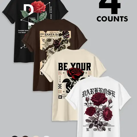 4PCS Vintage Rose Graphic Tees Set – Oversized Breathable Streetwear T-Shirts for Men, Trendy Casual Summer Tops