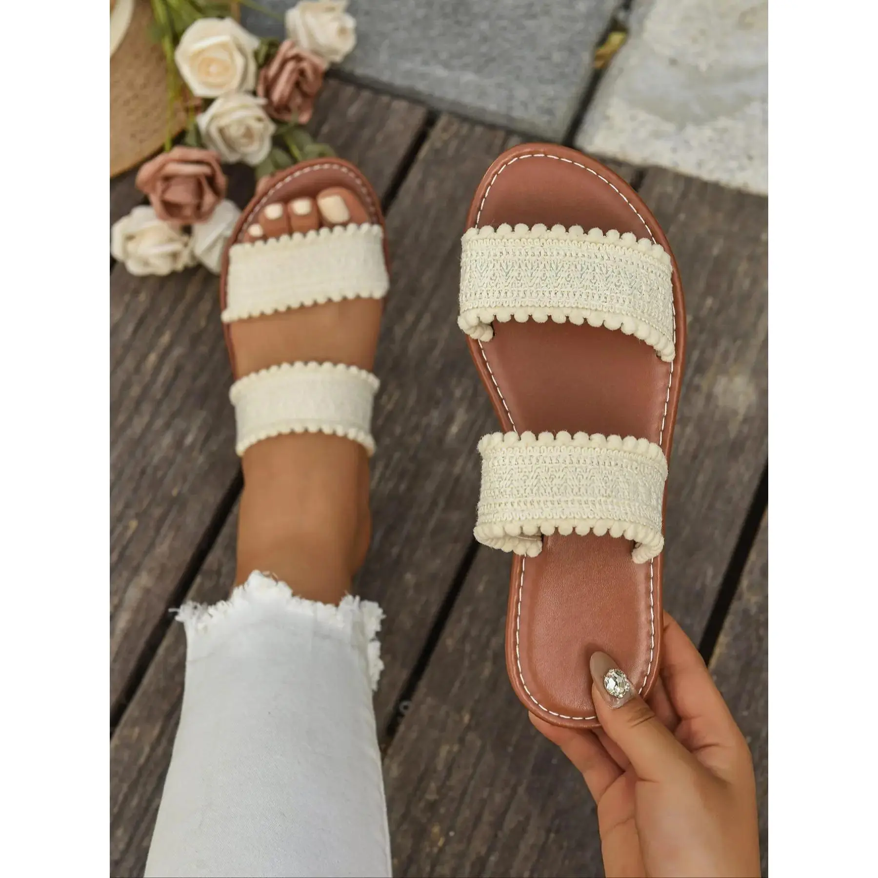 Women's Minimalist Plain Color Crochet Slip-On Shoes - Casual Wear, Comfortable, Lightweight Breathable Footwear for Beach Vacation (Sports & Outdoor Accessories)