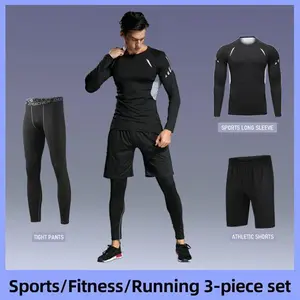 Men's 3-Piece Compression Tracksuit Set with Compression Shirts, All-Season Quick-Dry Tight-Fit Training Outfit, Breathable Athletic Sportswear for Gym & Running