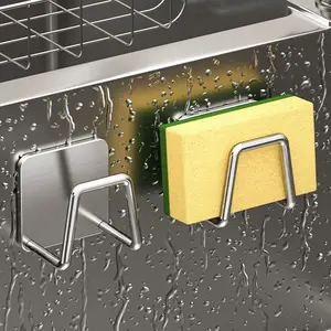 2-Piece Kitchen Sink Sponge Holder Rack, No Drilling Required, Wall-Mounted Design, Durable Stainless Steel with Dual Hooks, Wall Mount Organizer