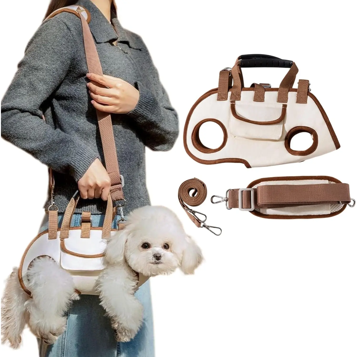 Dog Full Body Lift Mesh Harness - Adjustable Breathable Vest Straps, Built-in Safety Features, Great Airflow, Hands-Free Crossbody Shoulder Yorkie Carrier, Puppy Treat Bag, Pet Collars Harnesses & Leads Accessories, S