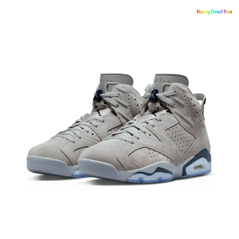 Light Gray Suede High-Top Retro Basketball Shoes with Navy Blue Accents and Translucent Outsole