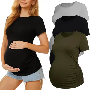 3 Pack Women's Maternity Blouses Crew Neck Short Sleeve Nursing Tops for Pregnant Moms