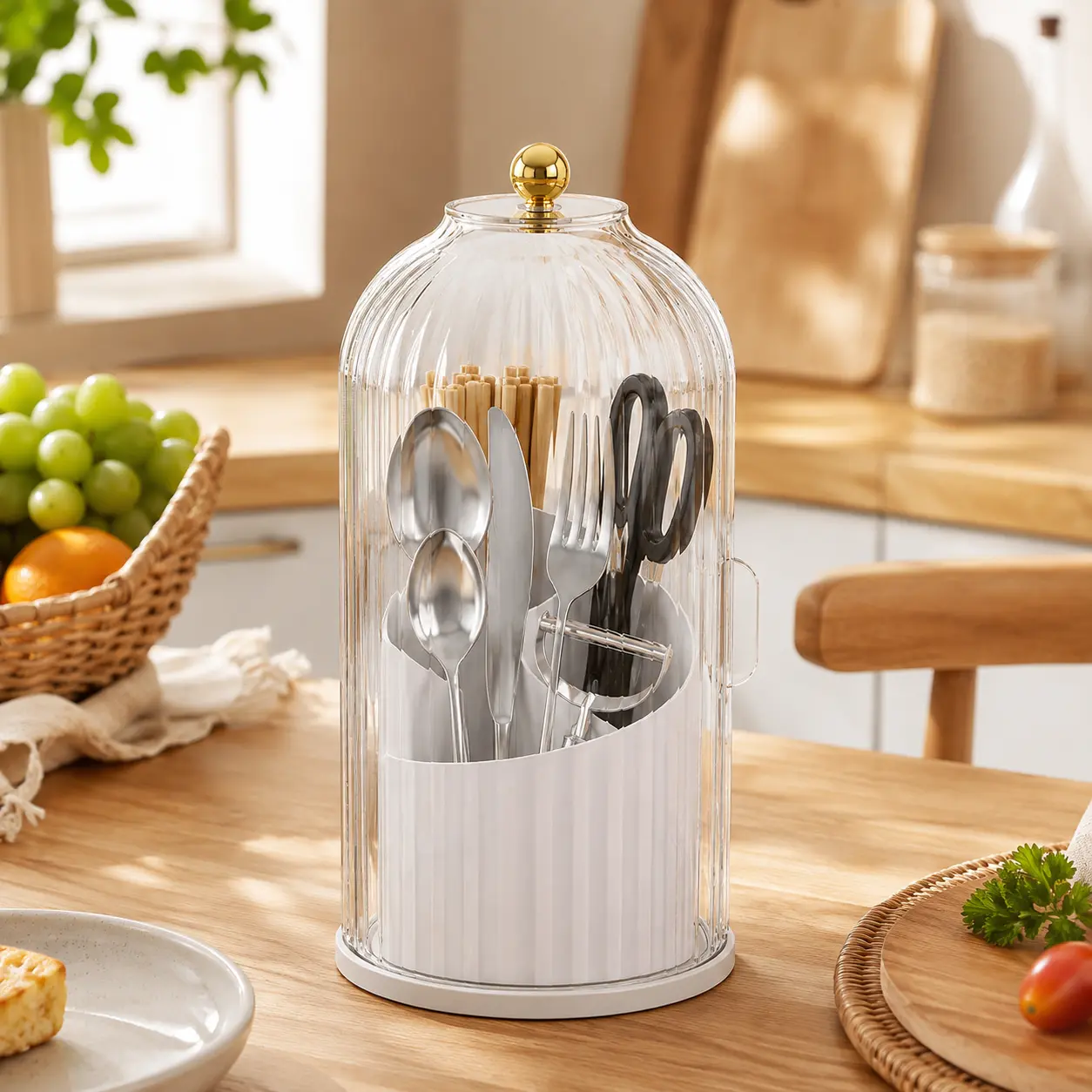 Kitchen Utensil Holder with Lid, 360° Rotating Clear Dustproof 3-Slot Countertop Organizer for Spoons, Chopsticks & Knives