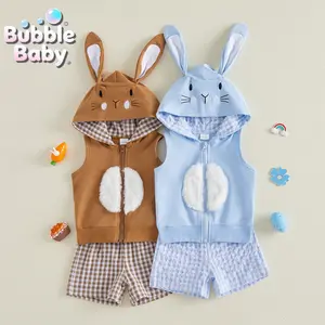 Toddler Easter Bunny 2-Piece Outfit 6M-4Y- 3D Ears Zip-Up Hooded Vest with Furry Belly & Gingham Shorts | Baby Spring Cosplay & Egg Hunt Set