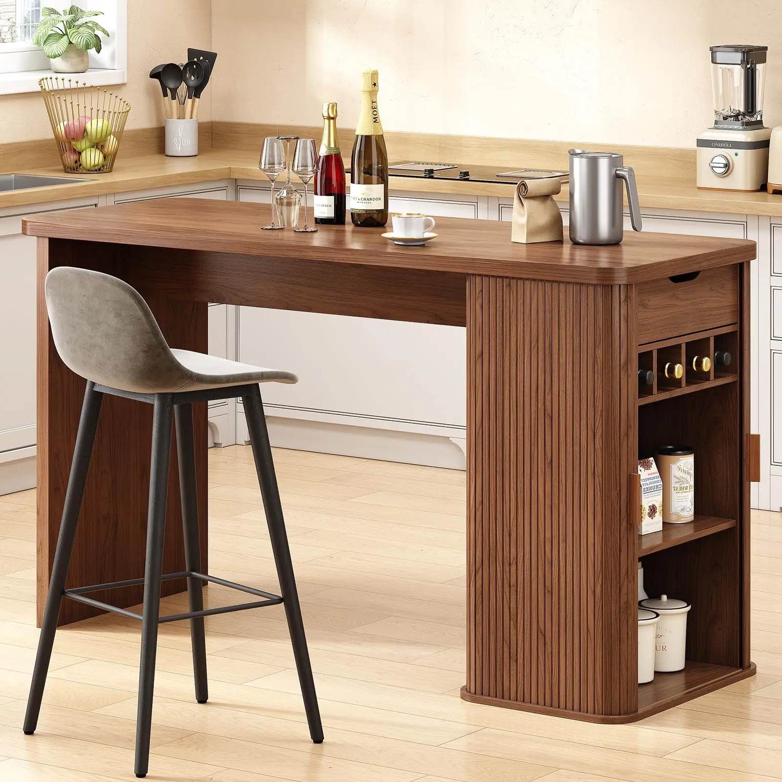 【SummerFinds】ONBRILL 59 Inch Kitchen Island with Storage, Fluted Counter Height Table, Mid-Century Modern Kitchen Island Table with Sliding Door, Home Bar Tables with Wine Rack and Drawers