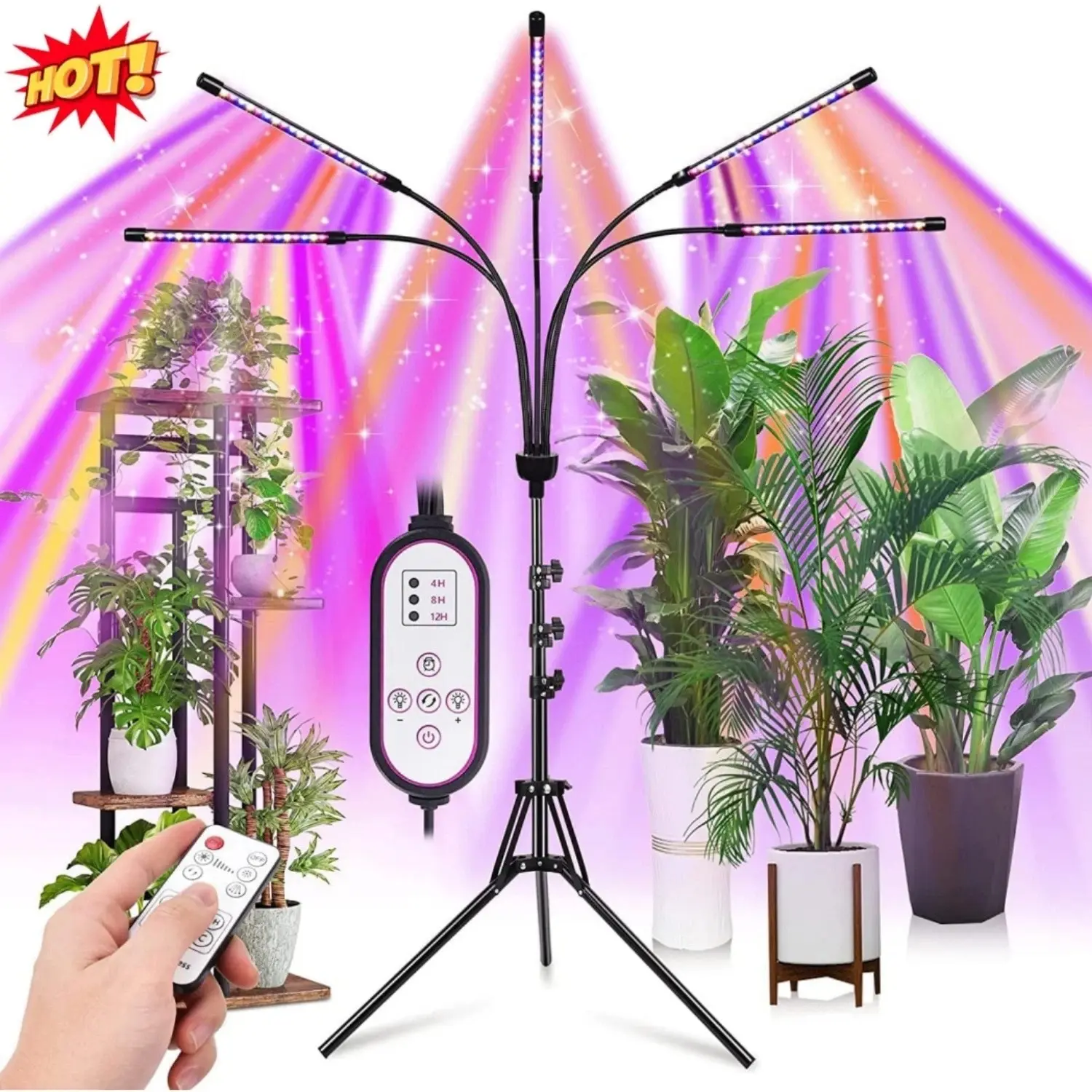 5-Head Grow Light With Stand, For Indoor Plants With White And Warm White Spectrum, 10 Dimmable Brightness, 3/9/12H Timer, 3 Switch Modes, Adjustable Gooseneck, Suitable For Various Plants Growth