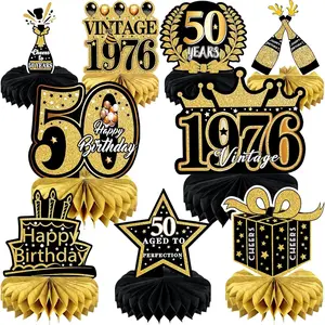 9 Pcs 50th Birthday Decoration for Men Women 50th Birthday Table Decorations Cheers to 50th Birthday Honeycomb Centerpieces Table Topper Black and Gold 50th Birthday Party Favors