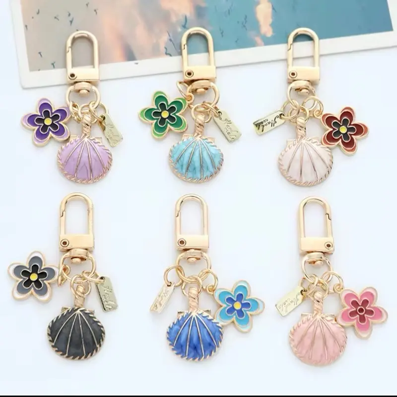 Marine Life Llaveros de Conchas de Mar Keychains with Colorful Flower Charms and Gold-tone Hooks