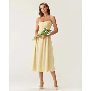 Yellow Square Neck Pocket Slip Midi Dress