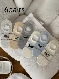 Women's 6 Pairs Invisible Socks, Cute Cartoon Animal Patterns, Daily Wear, Comfortable Fashion Design, Perfect Gift Choice