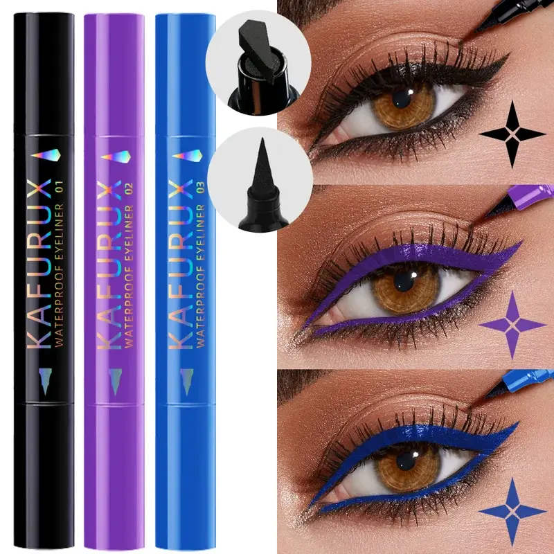 3 Colors Double Head Star Seal Eyeliner Waterproof Stamp Pen Black Blue Purple Eye Liner Pencil Fast Drying Lazy Eye Makeup