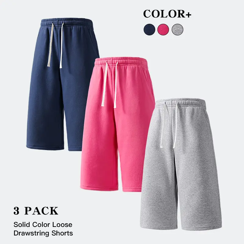 3 Pack Unisex Baggy Knee Length Sweat Shorts Adjustable Drawstring Elastic Waist Solid Color Bermuda Cropped Pants Soft Breathable Bottoms For Gym Loungewear City Travel Daily Street Outfits
