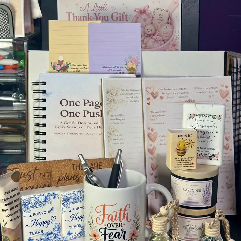 Christian Faith Care Box - Floral Portable Lavender Home Supplies, Strawberry-Themed Party Gift Basket, Birthday Gifts Box with Handmade Bible Study Journal, Sticker Cup, Interactive Activities, Cherry Lemon Accents