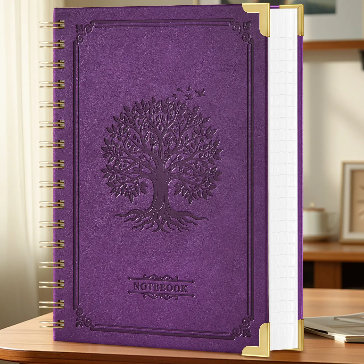 A5 Spiral Notebook - 5.7 inches x 8.4 inches College Ruled PU Leather Cover Notepad, 300 Pages 100Gsm Paper, Tree-Print Design for School & Office Note Taking, 5.7"X8.4"