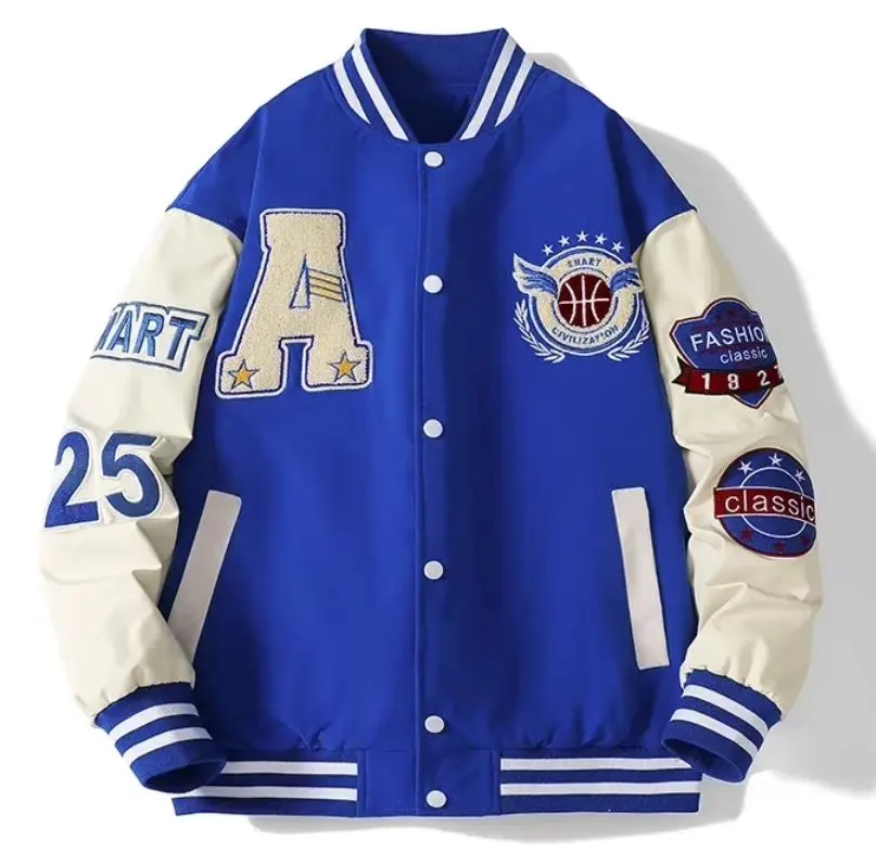 Men's Varsity Baseball Bomber Jacket with Bone Letter Patchwork Design - Menswear, Fashion